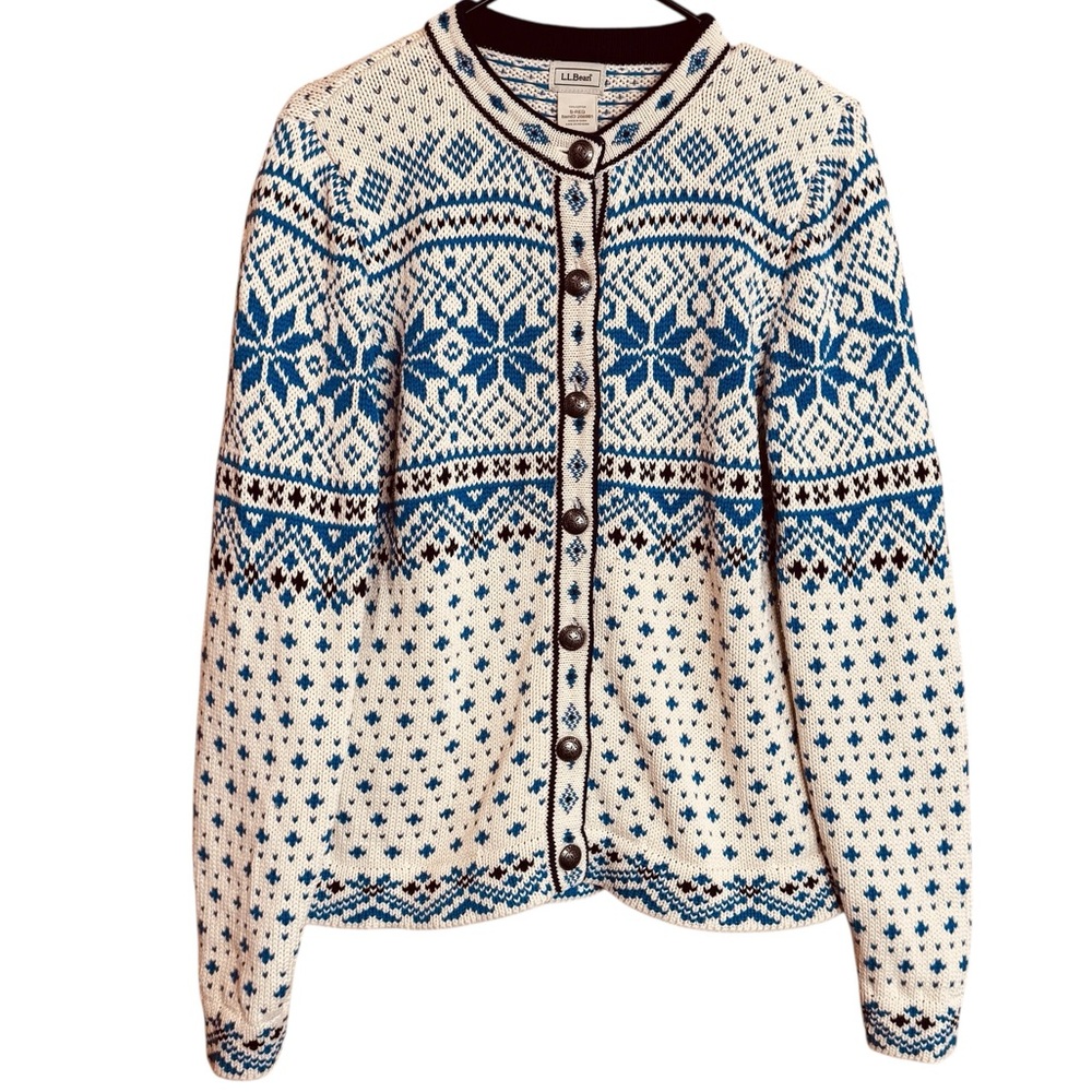 L.L. Bean Vintage Women's Cardigan Sweater S Nordic Fair Island Blue Cream